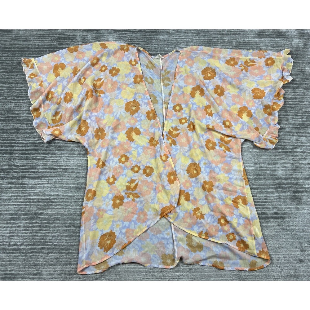 Peach Love Cardigan Womens Small Sheer Floral Open Kimono Wrap Polyester